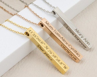 Personalisierte Bar Halskette, Namenskette, vertikale Bar Anhänger, Weihnachtsgeschenk, vier Seiten gravieren Bar Halskette, vertikale Bar