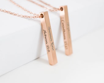 Bible verse necklace, Custom Bar Necklace, Personalized Bar, Engraved Necklace, 4 Sided Bar Necklace, 3d Bar Necklace, Vertical Bar