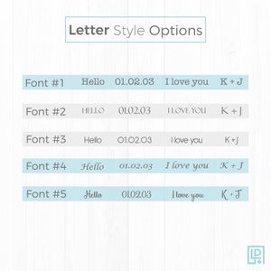 May include: A chart showing five different font styles for the words "Hello", "01.02.03", "I love you", and "K+J".