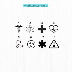K&ouml;nnte beinhalten: Schwarzwei&szlig;e medizinische Symbole von 1 bis 8 nummeriert. Symbol 1 ist ein Caduceus, 2 ist ein Stern des Lebens, 3 ist ein Pluszeichen, 4 ist ein Herz mit einer Herzschlaglinie, 5 ist ein Stethoskop, 6 ist ein Pluszeichen in einem Kreis, 7 ist ein Stern des Lebens und 8 ist ein Dreieck mit einem Ausrufezeichen.