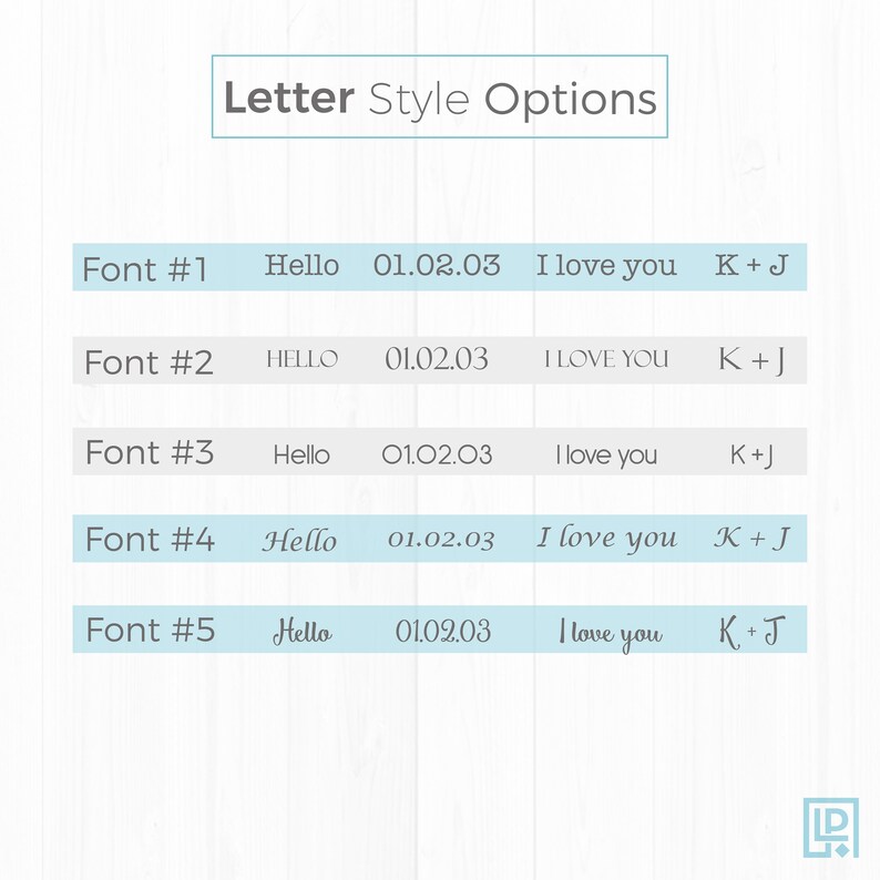 May include: A chart showing five different font styles for the words "Hello", "01.02.03", "I love you", and "K+J".
