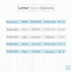 May include: Five different font styles are shown in a table with the words "Hello", "01.02.03", "I love you", and "K+J" written in each style. The table has a light blue background and white text.