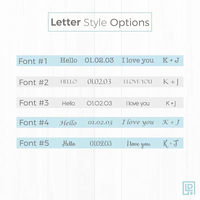 May include: Five different font styles are shown in a table with the words "Hello", "01.02.03", "I love you", and "K+J" written in each style. The table has a light blue background and white text.