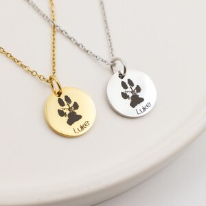 May include: Two gold and silver necklaces with round pendants featuring a paw print and the name "Luke" engraved on each.