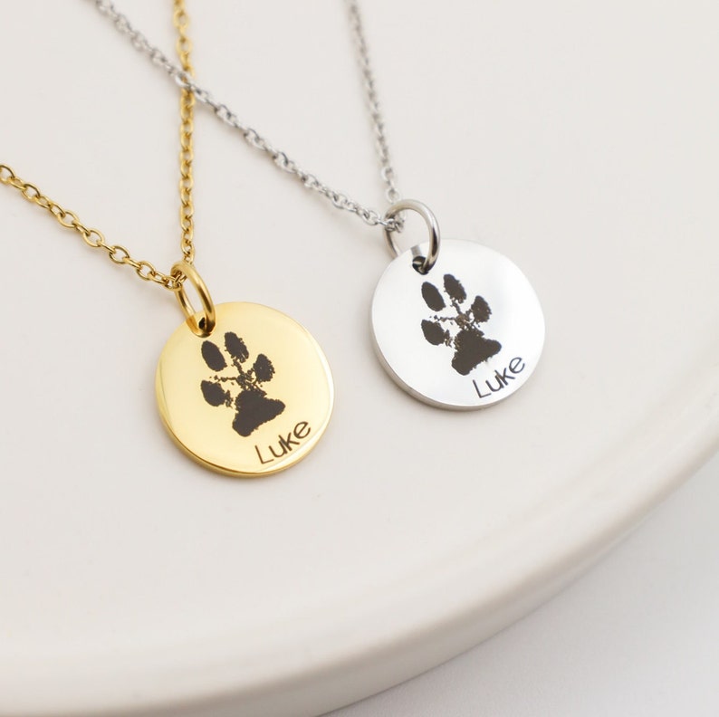 May include: Two gold and silver necklaces with round pendants featuring a paw print and the name "Luke" engraved on each.