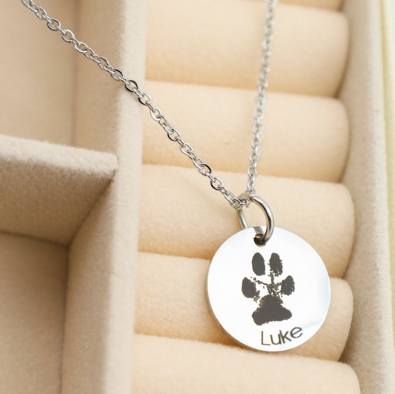 May include: A silver necklace with a round pendant featuring a paw print and the name "Luke" engraved on it.