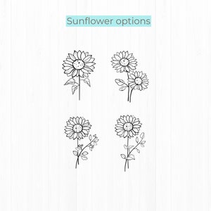May include: Four black and white line drawings of sunflowers. Each sunflower has a different arrangement of petals and leaves.