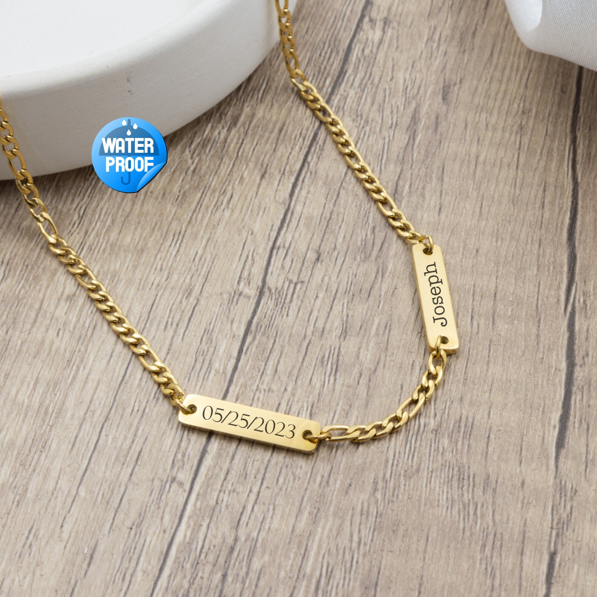 Custom name necklace for dad, stainless steel personalized kids name necklace, Christmas gift for him, daddy necklace, figaro chain with bar