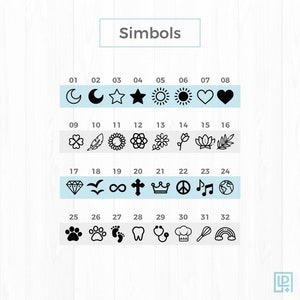 May include: A black and white chart with 32 different symbols. The symbols are numbered from 1 to 32. The chart is titled "Symbols".