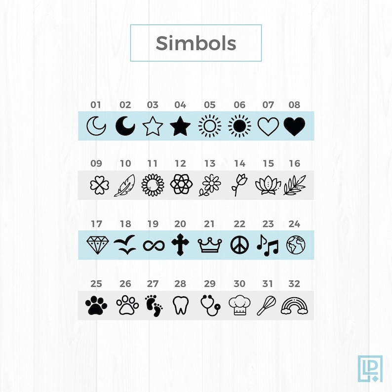 May include: A black and white chart with 32 different symbols. The symbols are numbered from 1 to 32. The chart is titled "Symbols".