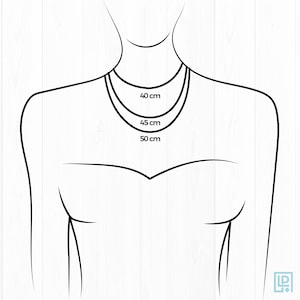 May include: Diagram showing three different necklace lengths on a model: 40 cm, 45 cm, and 50 cm.