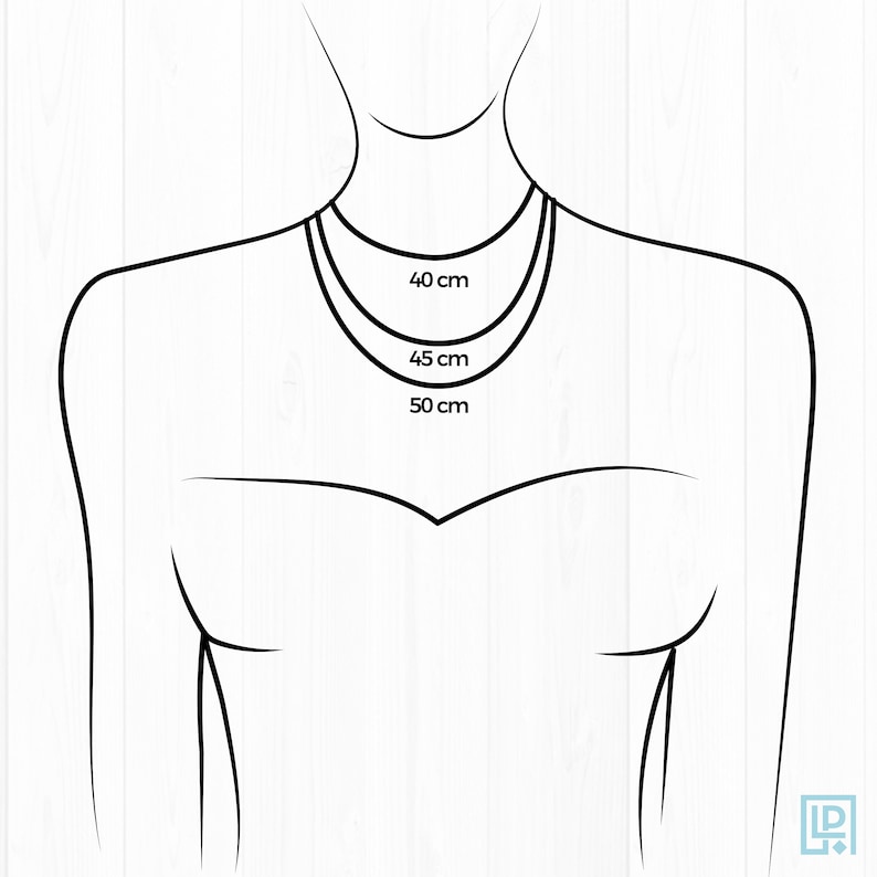 May include: Diagram showing three different necklace lengths on a model: 40 cm, 45 cm, and 50 cm.