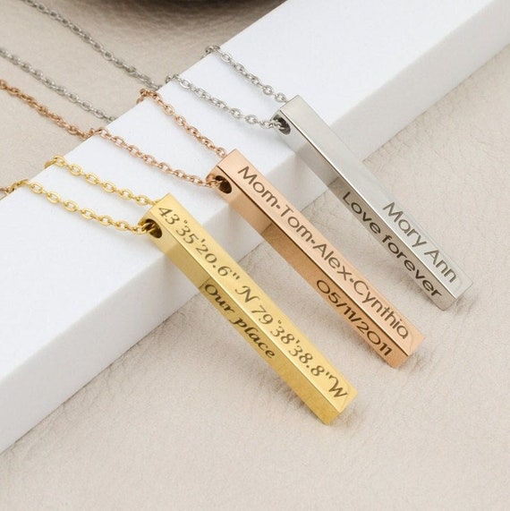 Engraved Vertical Bar Pendant Necklace