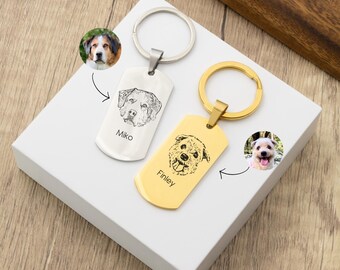 Puede incluir: Dos llaveros de chapa de perro en oro y plata con imágenes grabadas de perros y sus nombres, Miko y Finley.
