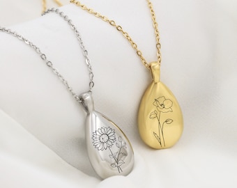 Custom teardrop urn necklace for ashes with birth flower, personalized cremation jewelry for women, engraved keepsake for Mother’s Day gift