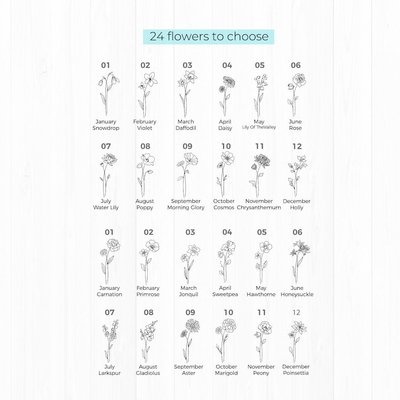 May include: A chart featuring 24 black and white line drawings of flowers, each labelled with a month and the name of the flower. The chart is divided into three rows of eight flowers each. The flowers are arranged in order from January to December.