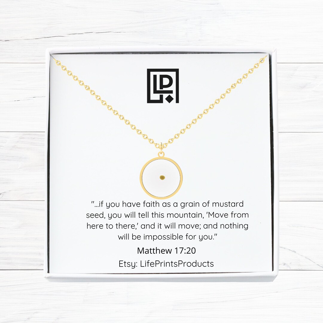Collana con semi di senape, ciondolo con semi di senape su catena d'argento, fede di un seme di senape, Matteo 17:20, regalo di gioielli con le Scritture della Bibbia per lei