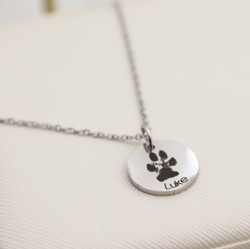 May include: Silver necklace with a round pendant featuring a paw print and the name "Luke" engraved on it.