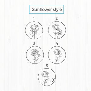 May include: Five different sunflower designs, each in a circle. The designs are numbered 1 through 5. Design 5 includes the name "Laila" written below the sunflower.
