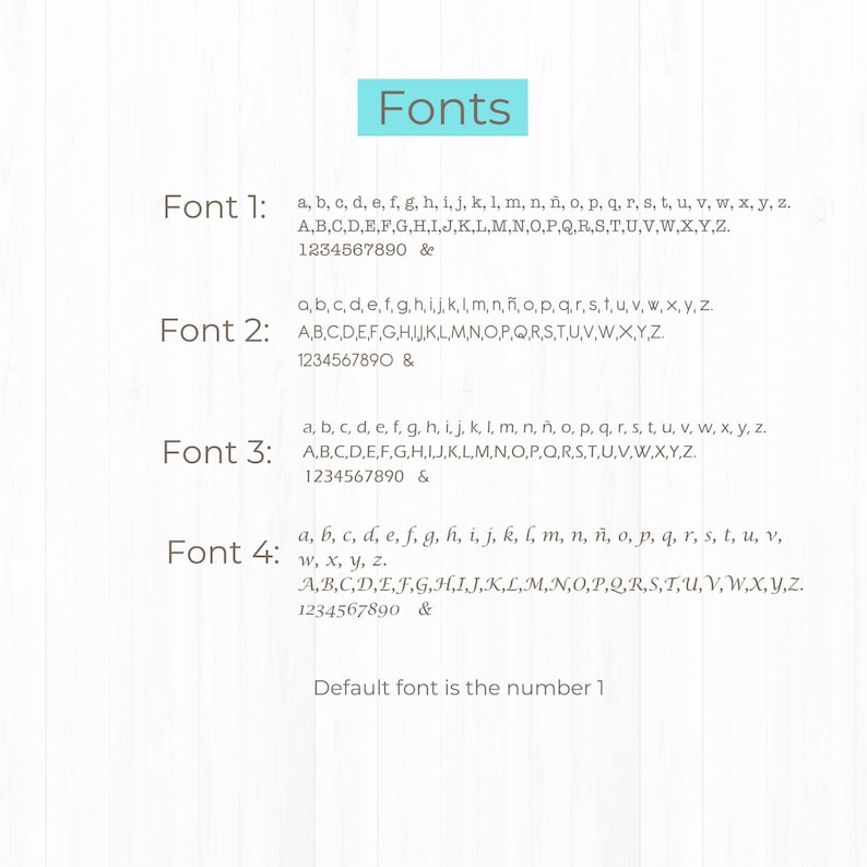 K&ouml;nnte beinhalten: Bild mit vier verschiedenen Schriftarten, jeweils mit einem Beispiel aus Klein- und Gro&szlig;buchstaben, Zahlen und dem &-Symbol. Das Wort "Fonts" befindet sich in einem t&uuml;rkisfarbenen Rechteck. Die Standardschriftart ist die Nummer 1.