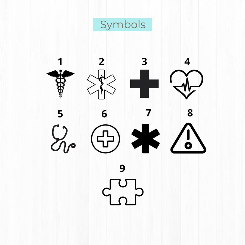 K&ouml;nnte beinhalten: Eine Sammlung von neun schwarz-wei&szlig;en medizinischen und informativen Symbolen. Die Symbole umfassen einen Caduceus, einen Lebensstern, ein Kreuz, einen Herzschlag, ein Stethoskop, ein Pluszeichen in einem Kreis, ein Sternchen, ein Ausrufezeichen in einem Dreieck und ein Puzzleteil. Das Wort "Symbols" steht in einem hellblauen Rechteck.