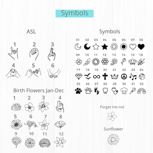 May include: Black and white line art symbols and illustrations. The symbols include a crescent moon, a star, a sun, a heart, a clover, a feather, a sunflower, a diamond, a bird, an infinity symbol, a cross, a crown, a peace sign, a musical note, a globe, a paw print, a footprint, a tooth, a stethoscope, a chef's hat, a whisk, and a rainbow. The illustrations include flowers and hand signs for numbers 1 through 6.