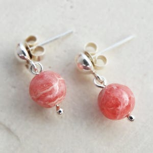 silver rhodochrosite stud earrings - gemstone post earrings - natural rhodochrosite - minimalist sterling silver earrings