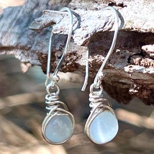 White Moonstone Herringbone Earrings: Sterling Silver Wire Wrap