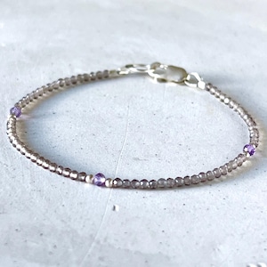 Dainty Smokey Quartz & Amethyst Bracelet: Sterling Silver Beaded Stacking Bracelet
