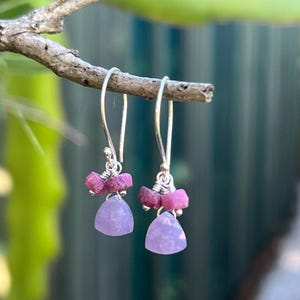 May include: Dangle earrings with silver hooks, each featuring a cluster of small, dark pink gemstones above a light purple, triangular gemstone. The earrings are suspended from a small, brown branch.