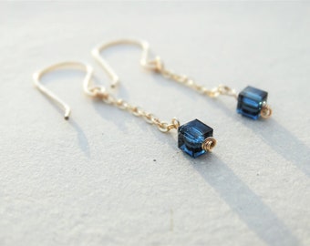 Tiny swarovsky cube earrings - minimalist goldfill chain earrings - short chain dangles - dark blue crystal cubes