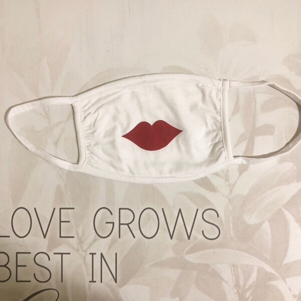 Hot Red Lips on White Cotton Mask