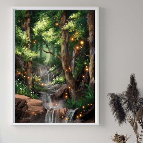 Märchenmalerei, Fluss im magischen Waldmalerei, Lichterketten tanzen durch verzauberte Bäume, verzauberte Waldmalerei, magisches Geschenk