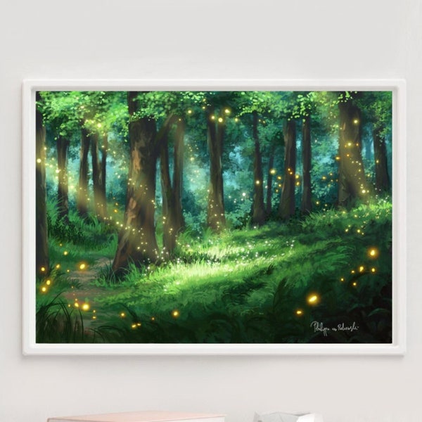 Fairytale Forest with Magical Fairy Lights Painting Art Print, Magical Forest Fantasy Painting Enchanted Forest Art, Gift for Fantasy Lovers