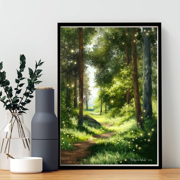 Original Sunlight Flooded Light Forest Painting, Vibrant Peaceful Whimsical Art Print, Magical Forest Painting, Mystical Woodland Fairy Art