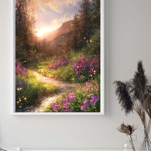 Sunset Landscape Painting | Fantasy World Landscape Art | Warm Glowing Painting | Sunset on River Magical Painting Art Print