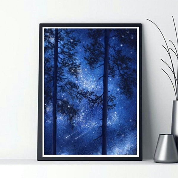 Galaxy Art Print | Midnight Blue | Starry Sky | Galaxy Painting | Magical Paintings Star Gazing Gifts, Space Wall Decor, Stars And Space Art