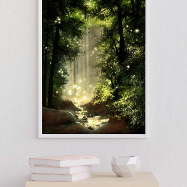 Forest Painting Art Print | Fine Art Print | Waterfall Painting | Waterfall Print | Fairy Lights | Dark Fantasy Art | Fantasy World Painting