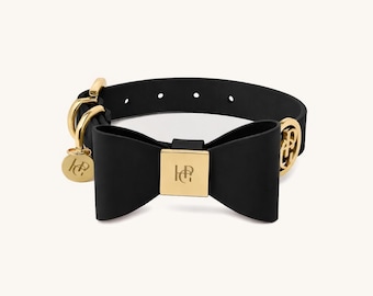 Black Midnight Leather Dog Collar, Removable Bowtie, Elegant Pet Collar