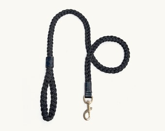 Braided Vegan Leather Dog Leash, Midnight Black, Gold Hardware