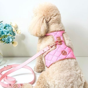 May include: A pink quilted dog harness and matching leash set. The harness features a diamond pattern with rose gold accents and hardware. The leash and harness are made of a smooth, light pink material. A small dog is wearing the harness.