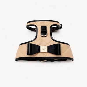 Beige Dog Harness with Bow, Luxury Puppy Vest, Adjustable Walking Harness