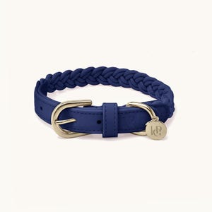 Indigo Braided Dog Collar, Navy Blue Vegan Leather, Gold Hardware