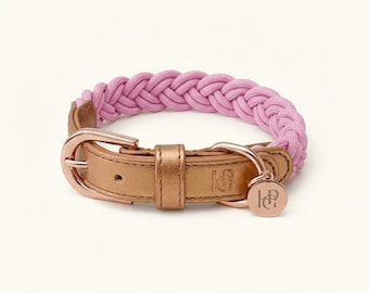 Collar trenzado rosa peonía para perro, herrajes de oro rosa, collar ajustable para el cuello de la mascota.