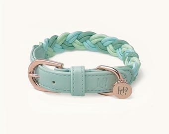 Braided Aquamarine Dog Collar, Rose Gold Hardware, Adjustable Puppy Collar