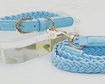 Cloud BLUE Plaited Dog COLLAR & LEASH – Designer Pu Leather Engraved Leash For Pet