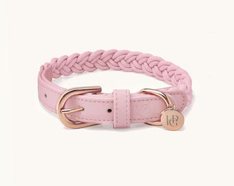 Baby Pink Braided Vegan Leather Dog Collar, Rose Gold Hardware