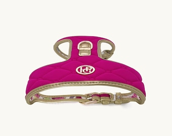Scarlet Pink PU Leather Dog Harness, Neoprene Padded, Rose Gold Buckle