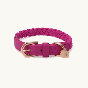 Lipstick Pink Braided Dog Collar, Vegan Leather, Rose Gold Hardware