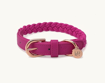 Pink Braided Dog Collar, Vegan Leather, Rose Gold Hardware